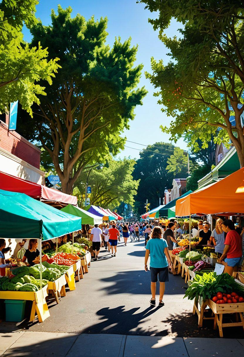 A lively neighborhood scene filled with diverse people enjoying various local events, such as a farmer's market, outdoor concert, and children playing in a park. Vibrant banners showcasing upcoming events hang between colorful storefronts. Sunlight filters through green trees, casting cheerful shadows. A sense of community and joy radiates throughout the atmosphere. super-realistic. vibrant colors. 3D.