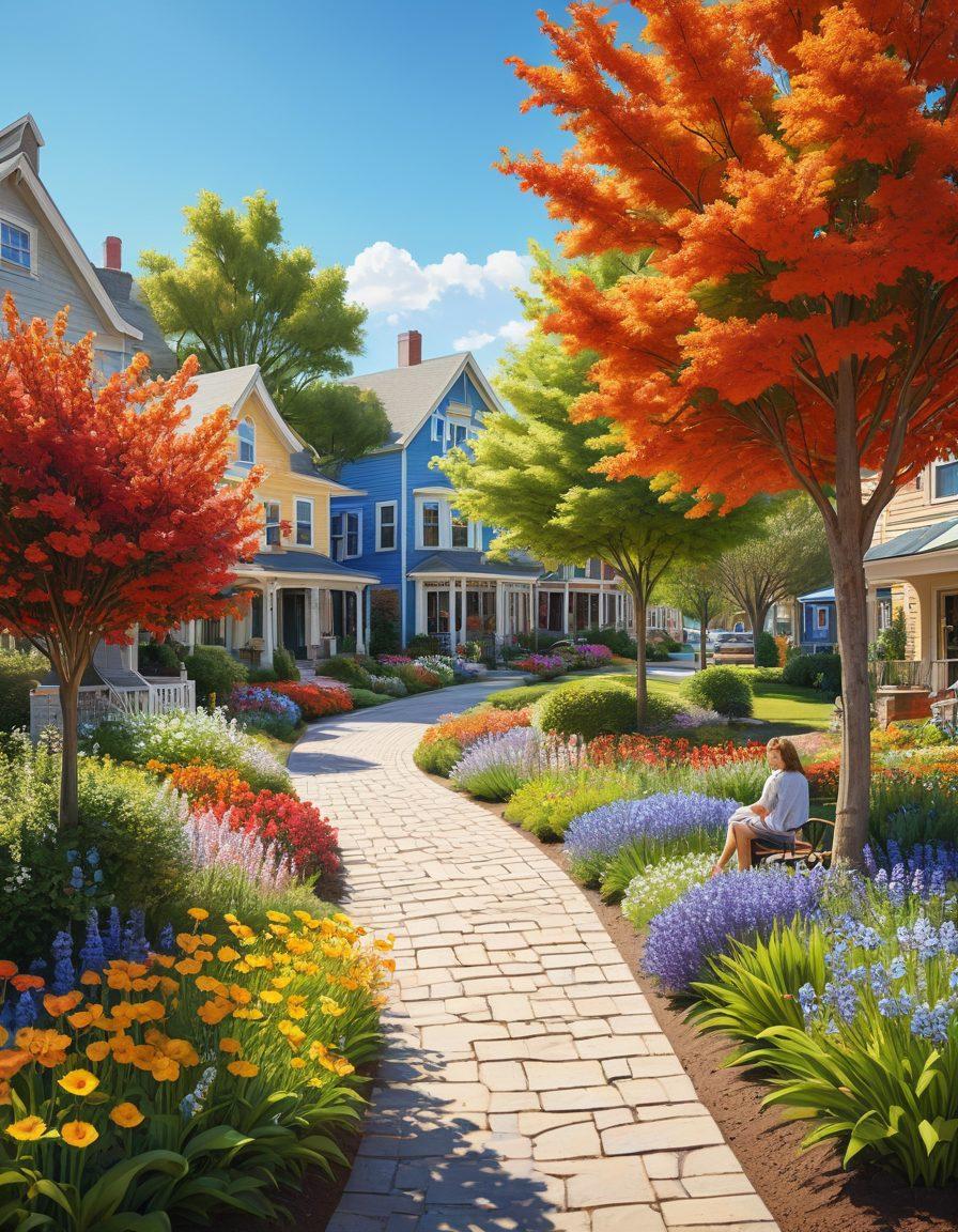 A warm and inviting neighborhood scene with joyful people engaging in community activities, a colorful park filled with blooming flowers, children playing, and friendly neighbors chatting. Bright, cheerful colors dominate the landscape, evoking a sense of happiness and togetherness. A clear blue sky overhead adds to the uplifting atmosphere. super-realistic. vibrant colors. soft focus.