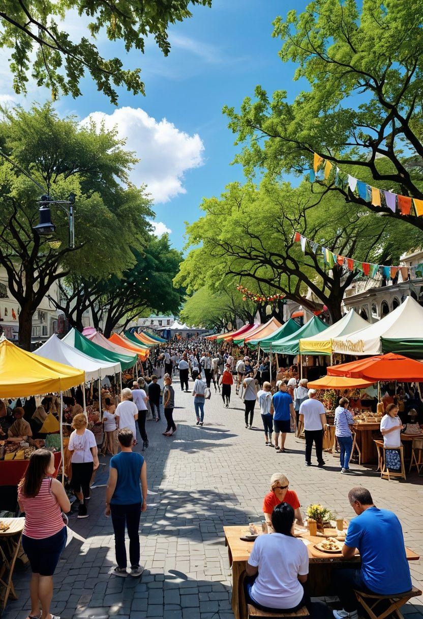 A vibrant town square bustling with joyful people of all ages enjoying various activities, like street performers, food stalls, and colorful decorations. Include a sunny sky with fluffy clouds, lush green trees, and banners promoting local events. Capture the essence of community and festivity. super-realistic. bright colors. lively atmosphere.